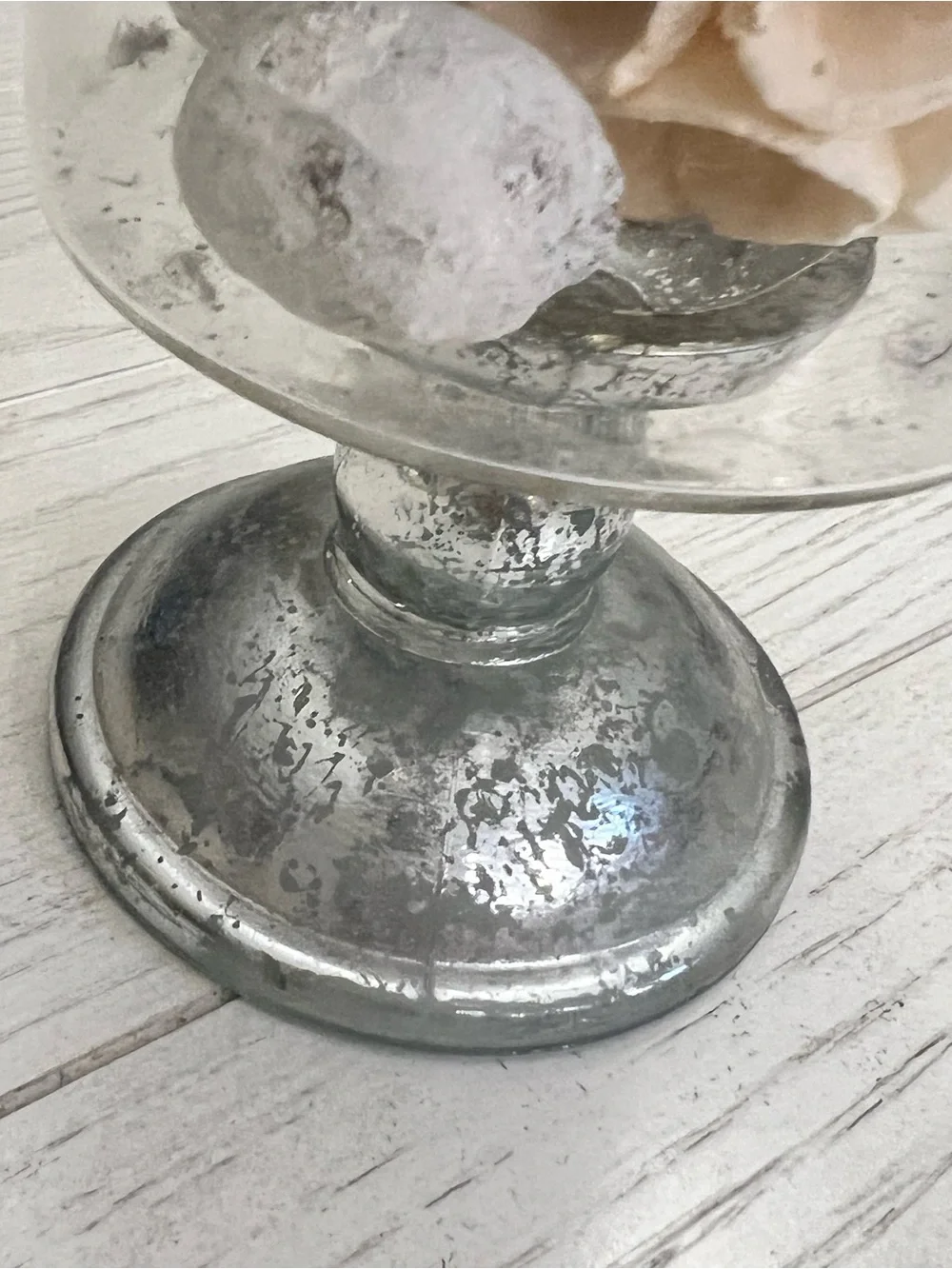 Glass Pedestal Hurricane Vase with Decorative White, Cream and Aqua Fillers